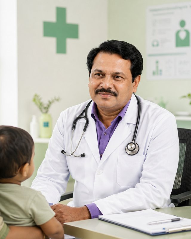 Dr. G. B. Paikray listening to a mother holding her toddler during a consultation at the clinic.