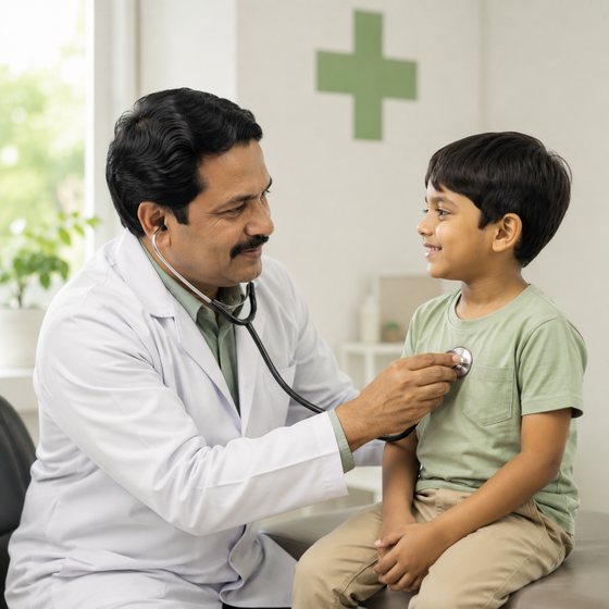 A doctor examining a young boy with a stethoscope in a bright consultation room.