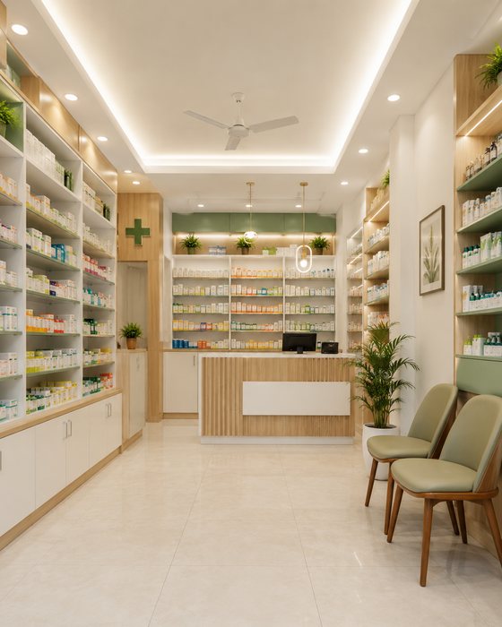 Interior of the pharmacy: pale wood and white shelving neatly stocked, a clean reception counter and waiting chairs.