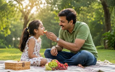 A father and young daughter sharing fresh fruit on a picnic blanket in a park.