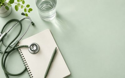 A stethoscope coiled beside a notebook and a glass of water on a pale sage surface.