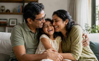 A family of three embracing at home in soft window light.