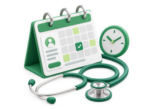 An illustration of an appointment card beside a coiled stethoscope.