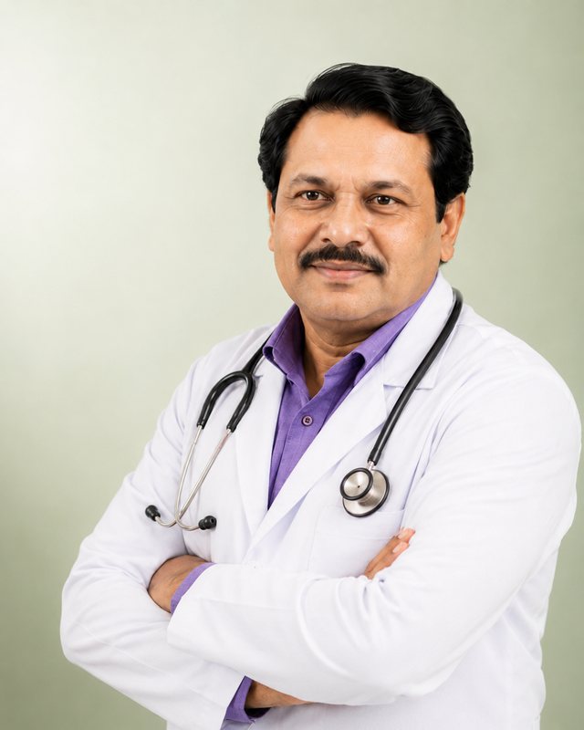 Portrait of Dr. G. B. Paikray in a white coat with a stethoscope around his neck.