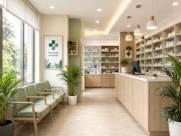The pharmacy and waiting area: a pale wood dispensing counter, white shelving stocked with medicines and sage-green waiting chairs by a window.