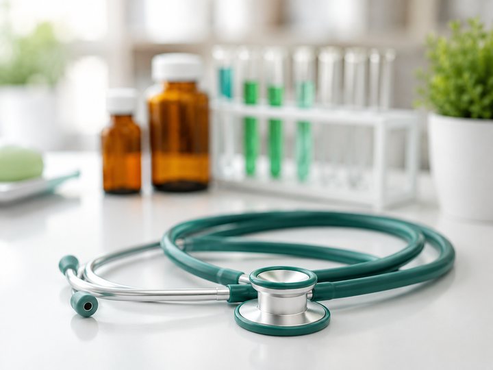 A coiled stethoscope on a white counter with medicine bottles and glass test tubes softly blurred behind.