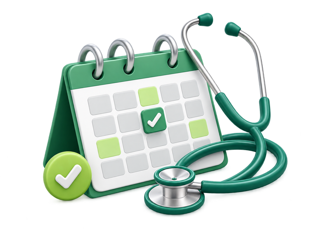 An illustration of a desk calendar with a green tick on one date, a stethoscope leaning against it.